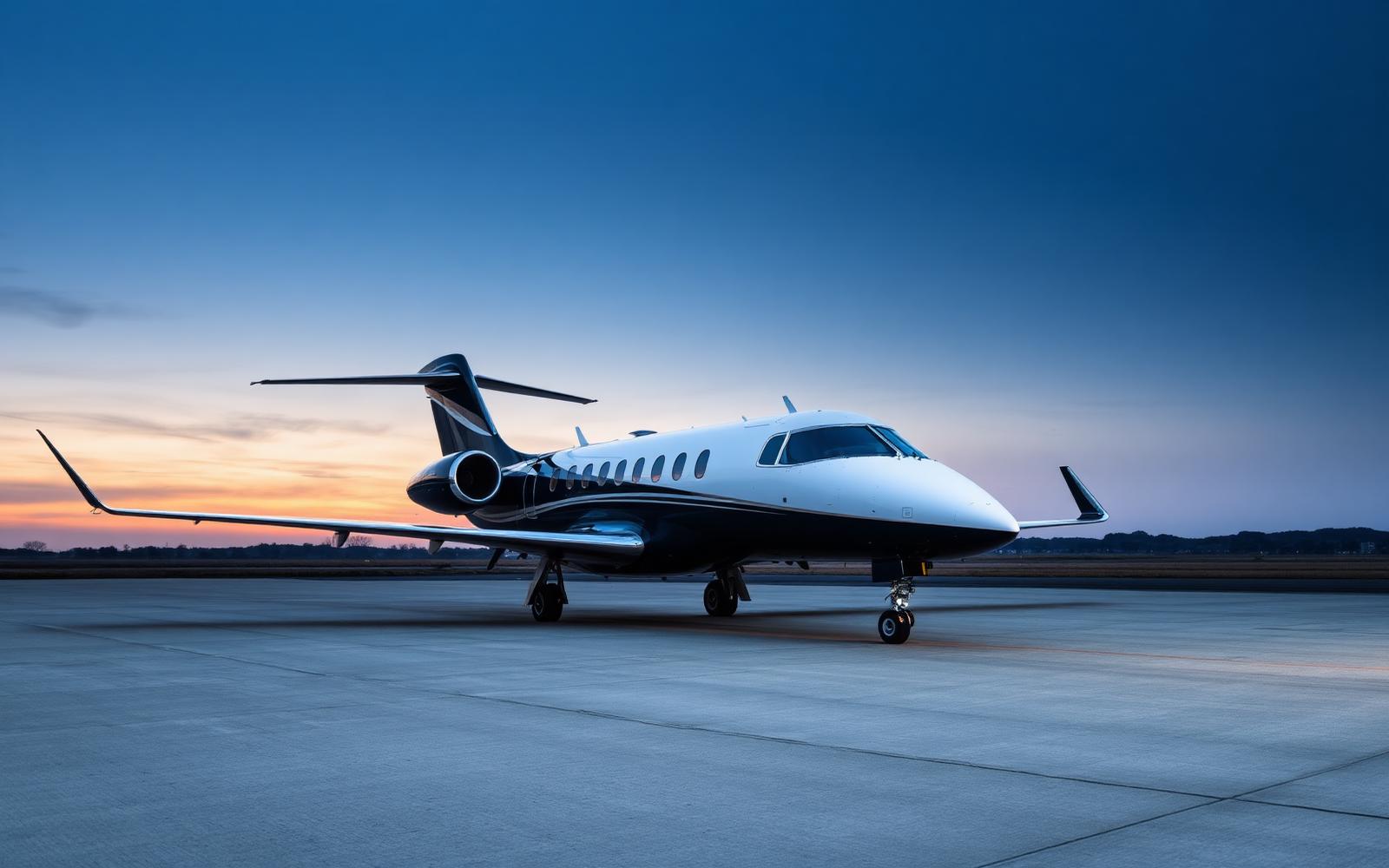 Business jet at dusk on an airport apron